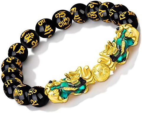 MANRUO Feng Shui Black Obsidian Wealth Bracelet Color Changed Pi Xiu Bracelets Dragon Mantra Bead Bangle Attract Wealth and Good Luck for Men/Women