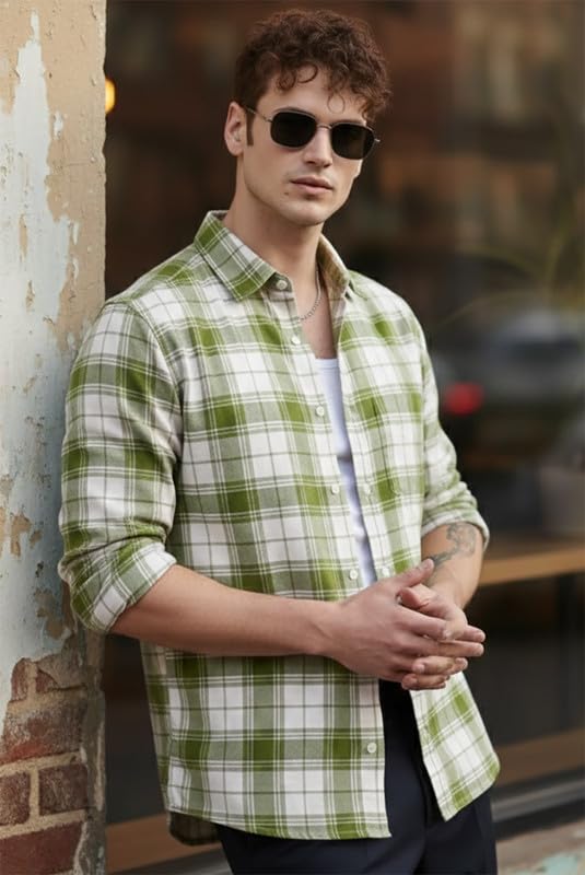 Image of U TURN Men's Casual Plaid Button-Down Shirt, Khaki and White Checkerd Shirt Stylish