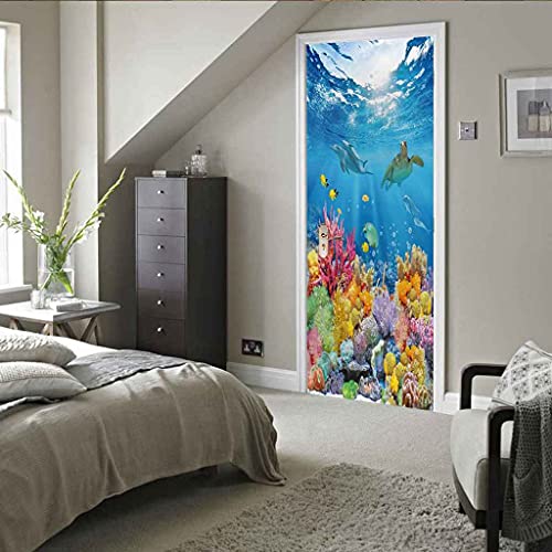 Nxcntd 3D Door Stickers Decor Coral, Sea Turtle, Small Fish Door Mural Vinyl Art Sticker Diy Poster Wallpaper Wall Sticker Removable Self Adhesive Wall Decal For Home Office Decor 30.3X78.7Inch #TOP1