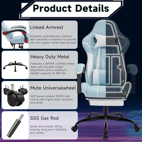 Image of Gaming Chair with Footrest for Home Office - High Back Computer Chair with Headrest and Lumber Support, Ergonomic Height Adjustable Leather Game Chairs (White+Blue)
