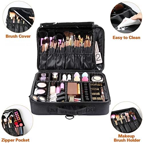 Image of Travel Makeup Case, Professional Cosmetic Train Cases Artist Storage Bag Make Up Tool Boxes Brushes Bags with Compartments Vanity Organizer (16 INCH(1 Layer), Black)