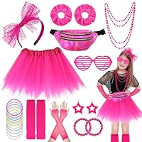 80s Costume Accessories Set for Girls, 1980s Fancy Dress Outfit with Tutu Skirt Waist Bag Fishnet Gloves Leg Warmers Earrings Headband Bracelets Necklaces for Halloween Neon Party Cosplay