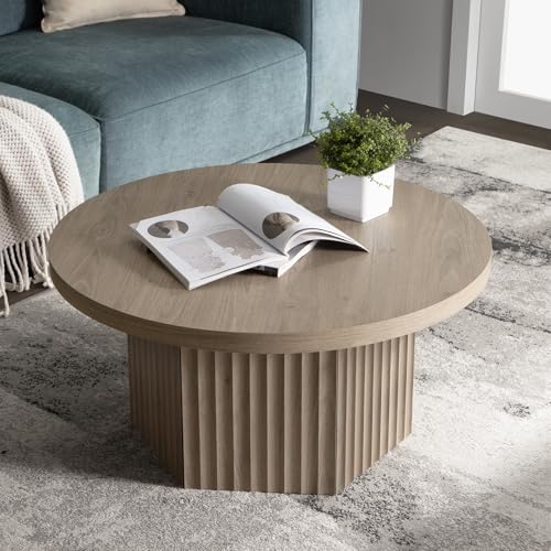 Image of SICOTAS 32 inch Round Coffee Table for Living Room Modern | Fluted Circle Center Coffee Table with Storage, Accent Tea Dining Table for Apartment, Grey Alder