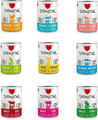 12 Lattine Da 400g Disugual Monoproteico Cibo Umido Per Cani Gusti Misti Pollo Coniglio Storione Maiale Pesce Bianco Coniglio Quaglia