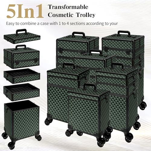 Image of 5 in 1 Rolling Makeup Train Case on Wheels Large Cosmetic Organizer Travel Cart for Women Beauty Salon Barber Hairstylist Green