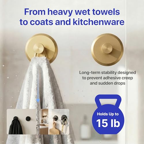 Image of HOME SO Suction Cup Hooks for Shower & Bathroom Towel Holder 2-Pack - Suction Cups Hooks for Hanging Towels, Robes, & Coats - Tiles, Glass Door or Mirror - Shower Hooks & Towel Hooks Organizer - Gold