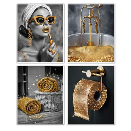 XOTXAJML Fashion Wall Art Bathroom Wall Decor Prints Set of 4 Black White Gold Glam Glitter Canvas Poster Picture Photo Painting Bathroom Artwork Wall Modern Feminine Fun Decor Prints