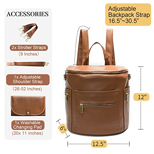 Miss Fong Diaper Bag Backpack Baby Diaper Bag, Large Leather Diaper Bag Backpack With 16 Pockets Diaper Bag Organizer,Changing Pad,Stroller Straps And 2 Insulated Pockets (Regular,Cognac) #TOP1