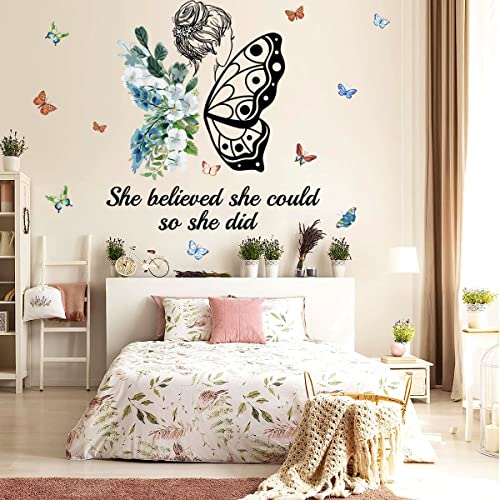 Girls Inspirational Wall Sticker Decal Wall Art Quote She Believed She Could So She Did Wall Decal Butterfly Motivational All Stickers Peel And Sticker Wall Decoration For Women Girls Bedroom Living Room Decor #TOP10