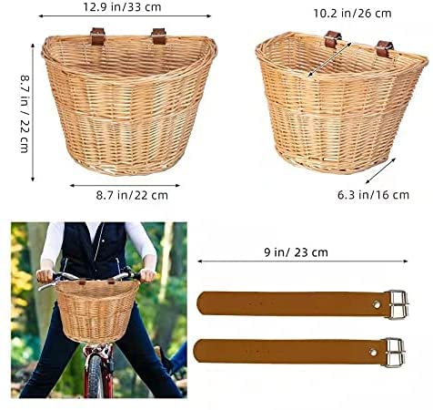 EIRONA Wicker D-förmiger Fahrradkorb Vorderer Lenker Fahrrad Aufbewahrungskorb für Erwachsene Wasserdicht mit Lederriemen, Braun