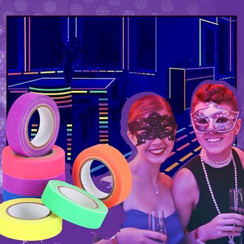 Image of Glow in The Dark Neon Tape - UV Blacklight Reactive, 0.6in X 16.5ft Neon Gaffer Tape- Perfect for Parties, Crafts, and More,6 Rolls (6, Mix Color)