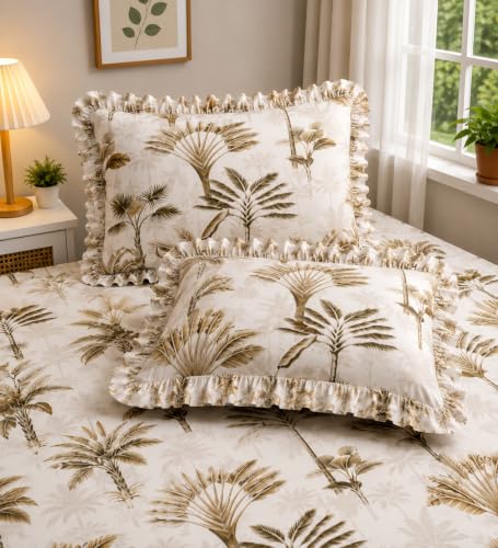 Image of Fitted Bedsheet Queen Size 300 TC Soft Cotton Feel Microfiber All Around Elastic Fitted Double Bedsheet with 2 Frill Pillow Covers | Size (60x78) Dates Tree