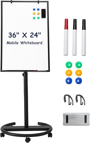 Miniatura 8 de Pizarra blanca magnética móvil de borrado en seco, caballete de pizarra blanca de pie de 36 x 24 pulgadas, altura ajustable de borrado en seco,