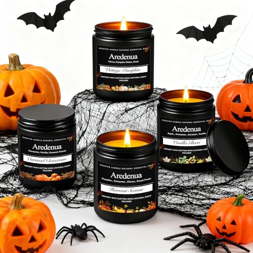 Halloween Candles Set | 4 Pack Fall Scented Candles - Autumn Soy Candles Fall Scent of Pumpkin/Cinnamon/Vanilla Bean/Harvest - Cozy Seasonal Candle Gi