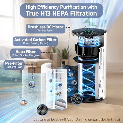 Image of Nexlev Air Purifier for Bedroom | Smart Air Purifier for Living Room with H13 HEPA Filter | Up to 300 Sq Ft | PM2.5 & AQI Display | 360 Air Intake | Removes Dust, Touch Control for Home & Office