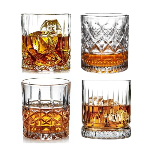 PATRANI FASHION Crystal Whiskey Glass 300 ML, Set of 4 Different Shape with Bottom Rocks Barware Set Diamond Glass Scotch, Bornbon, Cocktai Glasses and Brandy Drinks for Wine, Whiskey, Beer Glasses