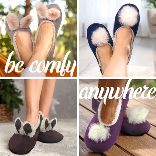 BambooMN Adult Women's Rabbit PomPom Fuzzy Fur Soft Non-Slip Slipper Socks, Indoor Travel Home, 1 Pair2