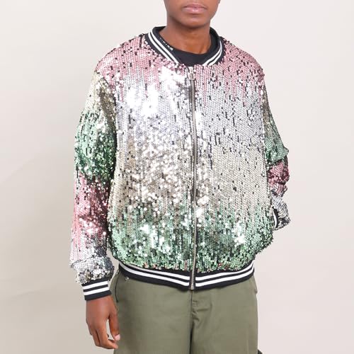 Image of YIYI Mens Sequin Jacket Bomber Sparkly Striped Varsity Glitter Jacket Male Party Outwear Coat Birthday Holiday Clothes