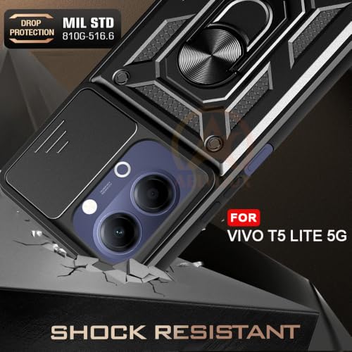 Image of Armor Bumper Back Cover Case for Vivo T5 Lite 44W 5G Rotating Camera Cover, Ring Holder & Kickstand | Heavy Duty & 360 Degree Protection Back Cover for Vivo T5 Lite 44W 5G (Black)