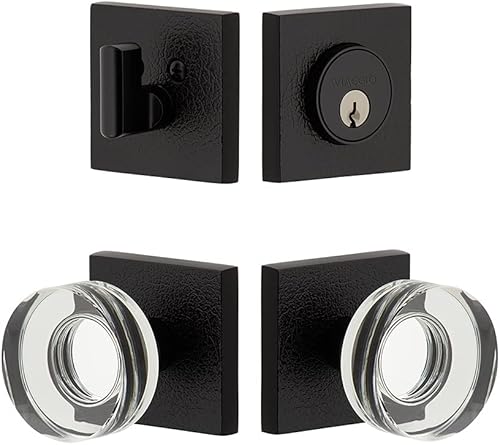 Viaggio Juego de entrada negro satinado 628684 con roseta de piel cuadrada, pomo de cristal Circolo y cerrojo a juego, juego de fondo 2-38"