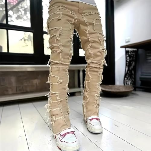 Men's Slim Fit Denim Pants Stacked Frayed Straight Leg Jeans Stretch Distressed Skinny Patchwork Trousers3