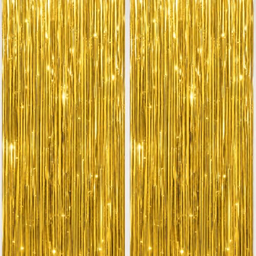 Image of DECOCKRAT 2 Pack Foil Fringe Backdrop - Gold Shiny Tinsel Curtains for Party Decoration /Photo Booth Props - 3.3x6.6 FT Metallic Foil Backdrop for Birthday, Wedding, Graduation, Christmas.