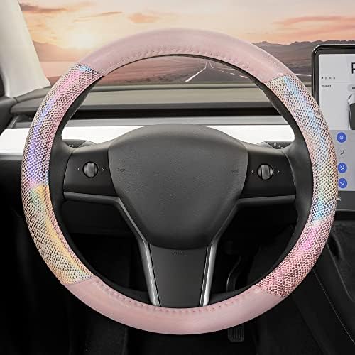 Mermaid Rainbow Steering Wheel Cover, Standard 15 Inch Size Fits Most Vehicles, Cute Shiny Multicolor Steering Cover for Car Truck Van SUV, Car Accessories for Women