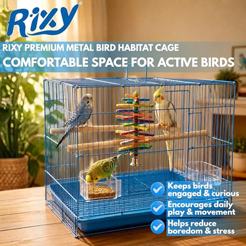 Image of Rixy Metal Bird Cage - 18 inch (1.5 feet) (Colour May Vary) | Habitat Cage with Free Hanging Toy (1) + Perches (2) + Food & Water Feeder Cups (2) for Budgies, Lovebirds, Finches, Cockatiels & Parrots