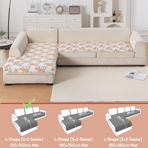 Image of HOKIPO Painterly Floral L Shape (2+2 Seater) Sofa Seat Mat with Tassel| Quilted Sofa Cover Mat, 'Tassel Twigs' Series (IN-983-T8 + IN-984-T8)
