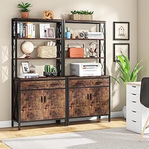 Tribesigns Bookshelf Set of 2, Tall Bookcase with Doors and Drawer, Industrial Etagere Storage Cabinet Display Rack for Home Office, Rustic Brown