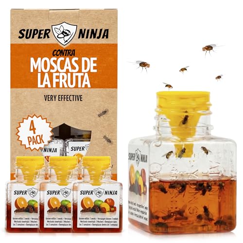 Super Ninja Trampas para Moscas de la Fruta   Pack de 4, Trampa para Moscas Interior, Hogar y Cocina, Cebo Líquido Altamente Efectivo, hasta 3 Semanas de Eficacia, Seguras para Niños y Mascotas.