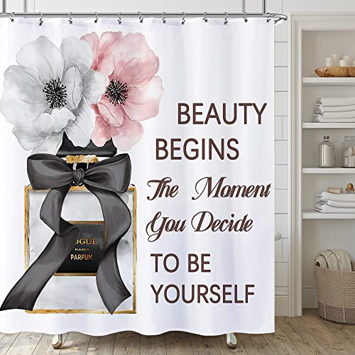 Laifzere Perfume Bottle Shower Curtain - Pink Floral Flower for Bathroom Set, Girly Fashion Makeup Inspirational Quotes, Fabric Waterproof for Bathtub, 72x72 Inch With Hooks