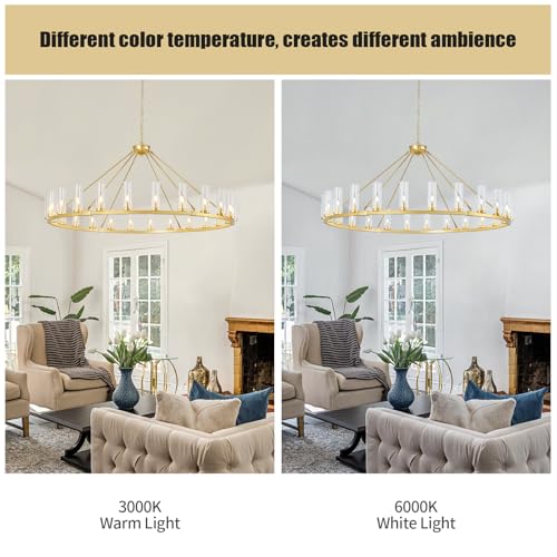 Image of 24 Light Large Wagon Wheel Chandelier with Clear Glass Shade Gold Round Pendant Light Farmhouse Industrial Chandeliers Dining Room Light Fixture for Stair Living Room Foyer Kitchen