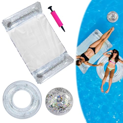 4 Stück Aufblasbares Schwimmbett, Pailletten Aufblasbare Wasserhängematte mit Schwimmring Wasserball Pumpe,4-in-1-Multif...