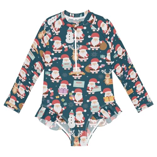 Ollabaky Baby Girls Long Sleeve Swimsuit Christmas with Santa Claus Reindeer Bear One Piece Bathing Suit Rash Guard UPF50+ Toddler Girl Swimwear, 9-10T Multi