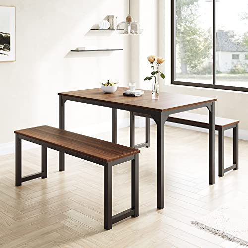 Imusee 45" Dining Table Set For 4, 3-Pieces Kitchen & Dining Room Sets With Benches, Metal Frame And Wood Board, Sturdy Structure, Easy Assembly, Small Space Dinette, Walnut & Black #TOP7