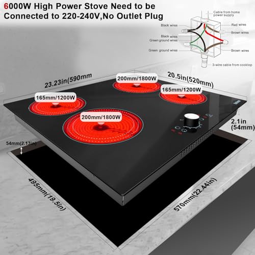 Image of Karinear 24 Inch Electric Cooktop 4 Burners Electric Stove Top, 220-240v Built-in Electric Ceramic Cooktop with Knob Control,9 Power Levels, Black Glass,No Plug