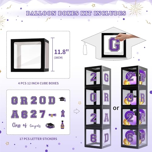 Image of Party Spot！2026 Purple and Gold Graduation Party Decorations,124 PCS Graduation Decorations Class of 2026,4 PCS Balloons Boxes with LED Light String & Letters 2026 GRAD So Proud of You