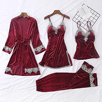 CPCAT Pijamas de plumón de Ganso de otoño e Invierno Pijamas de Mujer  Pijamas cálidos Cuello de Pico Conjunto de 4 Piezas L Rojo: Amazon.es: Ropa