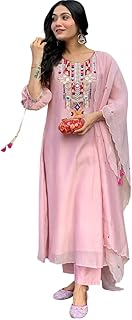bunny bliss Women's Cotton Mirror Work Embroidered Straight Kurti with Pant and Dupatta Set-picture-11