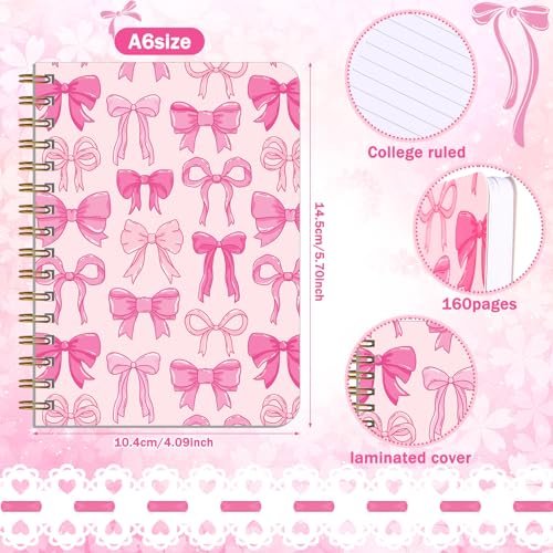 Image of Resurhang 6 Pack Pink Bow Spiral Pocket Notebooks Coquette Bow A6-Small Notebooks Cute Preppy Aesthetic Journal with Ballpoint Pens for Office School Day Classroom Prize Gifts 5.7 x 4.1 Inch