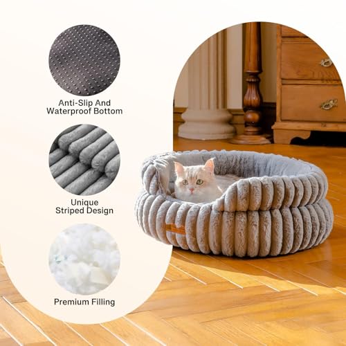 MEWOOFUN Stilvolle Katzenbetten für Katzen, weiches rundes Hundebett für kleine und mittelgroße Hunde, waschbares, beruhigendes Haustierbett (Grau, L)