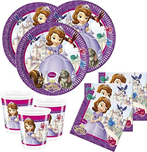 CAPRILO Lote de Cubiertos Infantiles Princesa Sofía Disney (8 Vasos, 8 Platos(23 cm) y 20 Servilletas) .Vajillas y Complementos. Juguetes para Fiestas de Cumpleaños, Bodas, Bautizos y Comuniones.