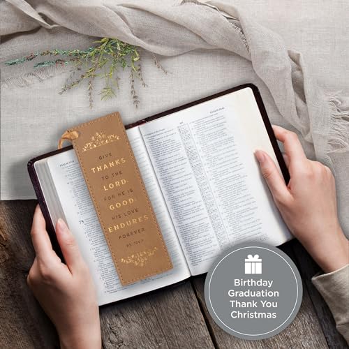 Image of Christian Art Gifts Tan Faux Leather Floral Bookmark for Women: Give Thanks