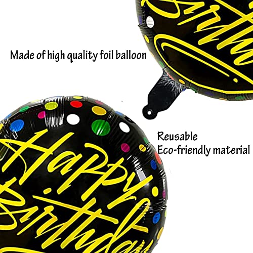 Image of Happy Birthday Round Foil Balloons Black with Colorful Dots Pack of 6
