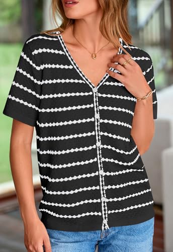 Image of NALANISA Women's Short Sleeve Sweater Spring Summer Crochet Knit Tops 2026 V Neck Striped Button Down Dressy Casual Blouses