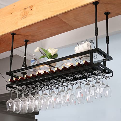 Botellero industrial para colgar con estante de cristal ajustable y luces, 2 capas, metal, moldura de techo, soporte para botellas de vino montado y estante de cristal