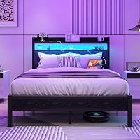 VERFARM 4ft6 Double Size Bed Frame with LED Lights Storage Upholstered Headboard and Charging Station, Solid Metal Platform Bed Double Size, No Box Spring Needed, Noise Free