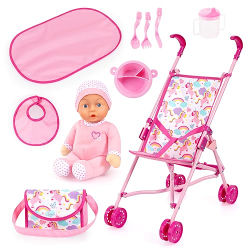 Bayer Design 30585AB Ensemble de Poussette Canne de poupée, Poupon, Sac, Accessoires, Matelas à Langer, Rose