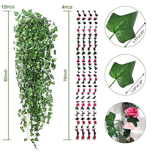 N&T Nieting Ivy Garland With 300 Led Lights, 24 Pack 165 Feet Fake Vines With Fake Leaves For Bedroom Artificial Ivy Garland Home Kitchen Wedding Wall Party Aesthetic Decor (4 Pink Flower Garland) #TOP1